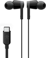 Belkin SoundForm Wired Earbuds with USB-C Connector, In-Ear Earphones w/ Microphone - Headphones for iPhone 15, iPad Mini, Galaxy, Android, and More with USB-C Connector (USB-C Headphones) - White - Black