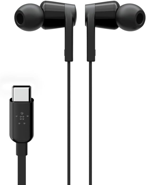 Belkin SoundForm Wired Earbuds with USB-C Connector, In-Ear Earphones w/ Microphone - Headphones for iPhone 15, iPad Mini, Galaxy, Android, and More with USB-C Connector (USB-C Headphones) - White - Black