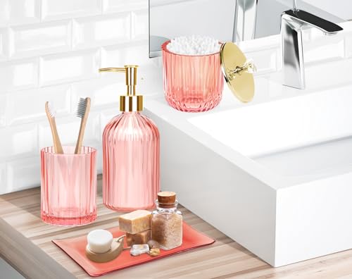Bathroom Accessories Set, 4 Pcs Glass Bathroom Accessories Sets Complete w/Lotion Soap Dispenser, Toothbrush Holder, Apothecary Jar, Vanity Tray, Modern Bathroom Decor, Gift for Home Apartment- Pink