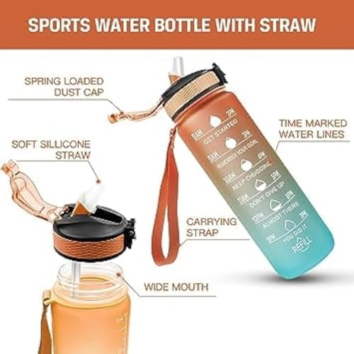 LUKSYOL Sport Water Bottle 1L with Motivational Time Marker, Straw, and Leak Proof Design - BPA-Free Tritan Plastic - Ideal for Kids, Fitness, Gym, Office, School Sports. (Pink & Blue)