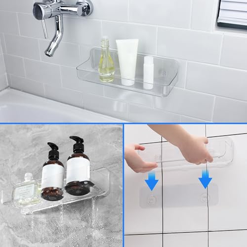 Diesisa Acrylic Wall Mounted Shower Caddy, Clear, 12.4" x 3.42" x 3.26" Acrylic Shelf, No Drilling Hang Walls Adhesive Shelf, Acrylic Bathroom Shelves with Self Adhesive Tape for Bathroom, Kitchen