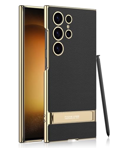 Premium leather Phone Case for Samsung S24 Plus S24 Ultra shockproof Cover adjustable holder (Black, S24 Ultra)