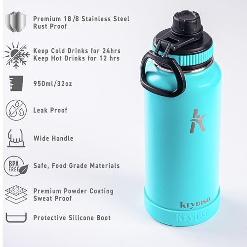 KRYMSO, 950ml Stainless Steel Water Bottle, Sports Bottle with Straw, Insulated Water Bottle, Thermos Flask, Hot Water Bottle for kids, Gym (Turquoise, 950ml / 32oz)