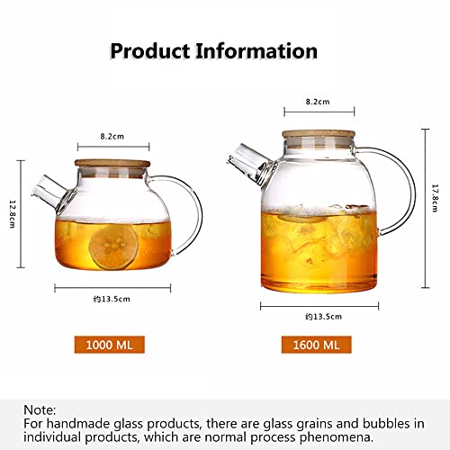 Glass Cold Kettle Heat Resistant Borosilicate Glass Cold Water Pitcher Large Capacity Tea Kettle with Removable Filter Spout for Lemonade, Juice and Herbal Tea Stovetop & Microwave Safe Teapot (1L)