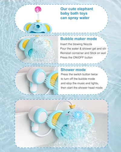 KASTWAVE Baby Bath Toy with Shower Head, Elephant Water Spray Squirt Shower Faucet and Automatic Bubble with Music & Light, Bathtub Water Pump Summer Essentials for Toddlers and Kids Ages 1-3