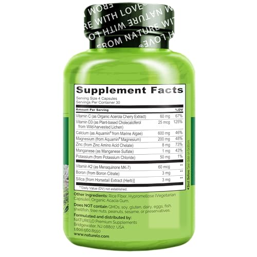 NATURELO Bone Strength - Calcium Magnesium Supplement for Bone Health - Plant-Based, Whole Food Formula with Potassium, Vitamins C, K2, D3 - Non-GMO, Soy-Free, Gluten-Free - 120 Vegan Friendly Capsule