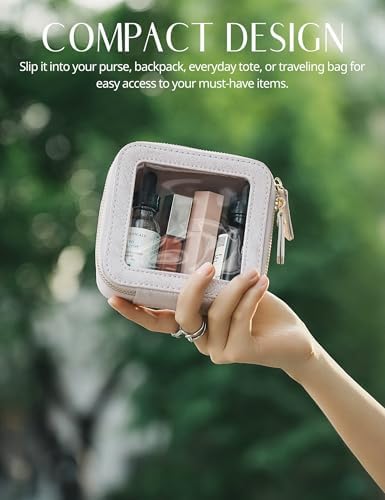 Small Cosmetic Bag for Purse Mini Makeup Bag for School Cute Clear Make Up Pouch for Travel Tiny Leather White Make Up Organizer Case for Backpack Toiletry Bag Waterproof Square Pouch with Zipper