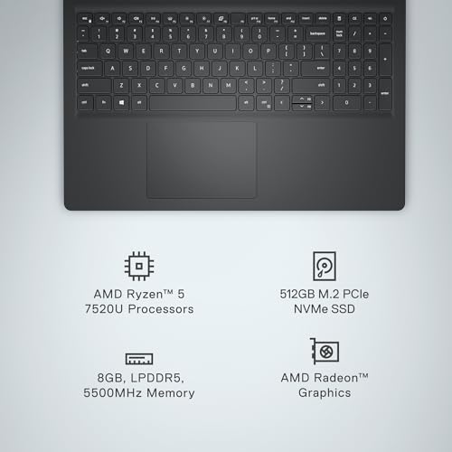Dell Inspiron 3535 15.6" FHD (1920 x 1080) Display, AMD Ryzen 5 7520U Processor, 8GB DDR4 RAM, 512GB SSD, AMD Radeon Graphics, Windows 11 Home, 6 Months Migration, Carbon Black