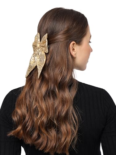 Radhu & Kabby Trendy Hair Bow for Women/Girls | Perfect for Special Occasions | Fancy & Stylish Hair Accessories | Anti-Hair Breakage | Glittery Golden Color | Same as pic | 1 Pcs