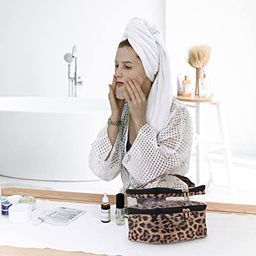 Lurrose Makeup Bag with Large Capacity Double-layer Travel Toiletry Bag Portable Cosmetic Organizer Multifunctional Storage Pouch (Leopard Print)