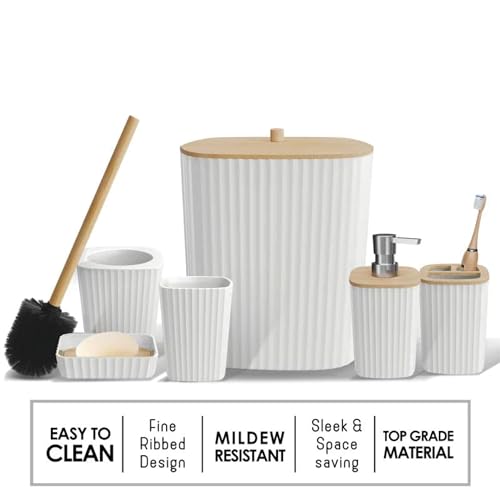 SA24 Bathroom Accessories, 6 Piece Set, Plastic, Toothbrush Holder, Toothbrush Cup, Soap Dispenser, Dish, Toilet Brush Holder, Trash Can, Tumbler (White Sq)