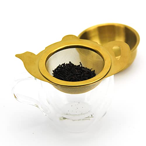 Tealand Durable Stainless Steel Fine Mesh Gold Infuser with Tray Perfect Size Suitable To Any Teapot Mugs Cups To Steep Green Black Herbal Oolong Loose Leaf Tea 10x7.3cm