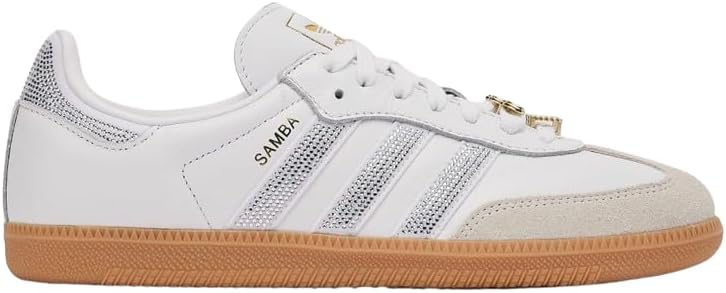 Adidas Samba OG Womens Sneaker, Silver Metallic Cracked Leather, 6.5 - White Rhinestone Gold Gum