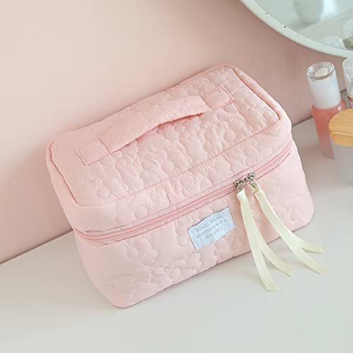 Juoxeepy Cotton Makeup Bag Large Travel Cosmetic Bag Quilted Cosmetic Pouch Coquette Aesthetic Floral Toiletry Bag, A-White, 10x5.9x5.3in