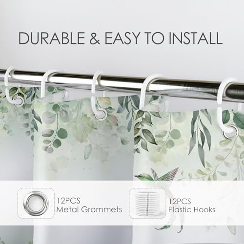 EOBTAIN Sage Green Leaves Shower Curtain Eucalyptus Hummingbird Bird Shower Curtains White Green Leaf Botanical Plant Floral Cottagecore Aesthetic Bathroom Curtain 12 Hooks Durable Fabric 72X72Inches