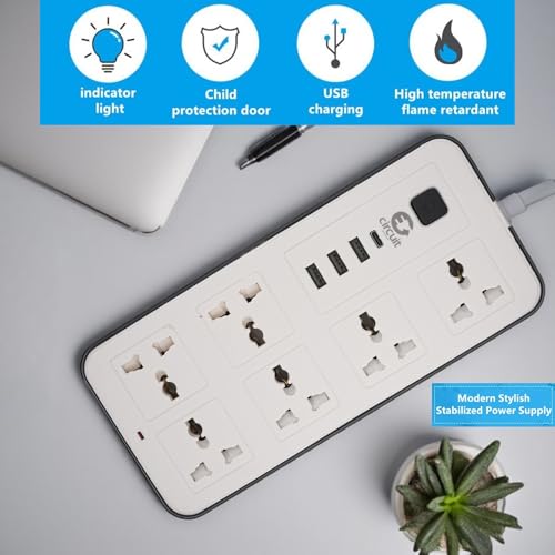 CIRCUIT GREEN Universal Extension Lead/Cord with Multiple Functions, UK 3-Pin Plug Socket with 6 Outlets | 3 USB Ports | 1 Type-C Cable Port, 2M Power Strip for Home, Kitchen, and Office (White)