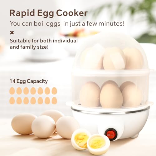 Baytion Double Layer Egg Cooker 350W, 14pcs Rapid Egg Boiler with Auto Shut Off, Electric Egg Steamer for Hard, Medium and Soft Boiled Eggs (White)