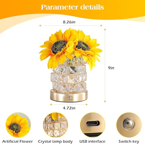 Sunflower Birthday Gifts Crystal Lamp,Flower Table Lamp USB Rechargeable,3 Color Dimming Night Light Bedroom Living Room Decoration,Valentine Day,Mothers Day,Christmas Day Gift (Sunflower)