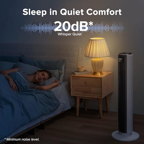 LEVOIT 20dB Silent Tower Fan with Remote Control, 7.9m/s Powerful Fan with DC Motor, 26W Energy, 4 Modes 12 Speeds 12H Timer, Advanced Sleep Mode, Front Display, 90° Oscillation