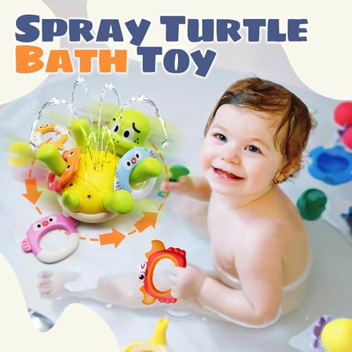 AM ANNA Baby Bath Toys, Turtles Bath Toy One-Touch Water Spray Button with 5 Rings,Rechargeable Bath Toys for Kids,Interactive Swimming Toys, Waterproof Water Toys for Babies