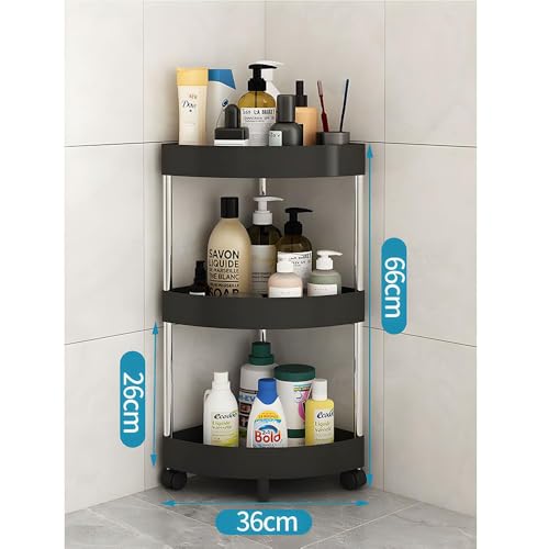 Aputue Shower Caddy Corner Shelves, 3-Tier Black Bathroom Shelving Unit Cart with Wheel, Plastic Shower Caddy Organizer Shelf, Rust Proof Corner Open Storage Cart for Bathroom, Kitchen