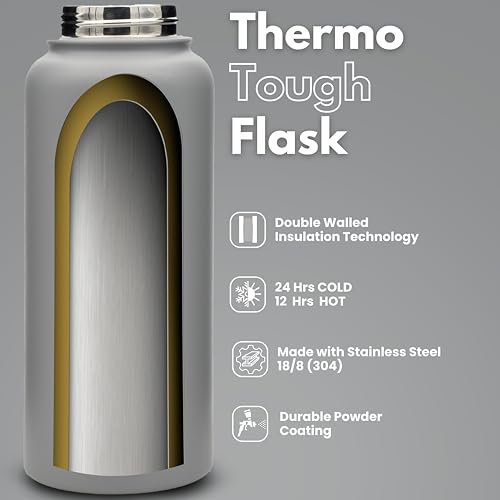 Hssentials Stainless Steel Water Bottle Flask Double-Walled Vacuum-Insulated 2 Lids Eco-Friendly Perfect for Cold & Hot Drinks On The Go 100% Leakproof - Gym, School, Travel (Smoke Grey, 1000ml /34oz)