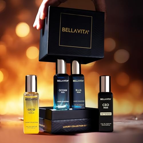 BellaVita Luxury Perfume Gift Set for Men | Includes OUD Gold, Ocean, B.L.U, & CEO Man Perfume | Long-Lasting Cologne Fragrance | Oud Perfume for Men | Premium Collection Perfumes ??4 x 20ml