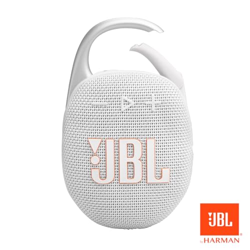 JBL Clip 5 - Ultra-Portable, Waterproof & Dustproof Bluetooth Speaker, Big Pro Sound with punchy bass, Integrated carabiner, Up to 12 Hours of Play, Made in part with recycled materials (White)
