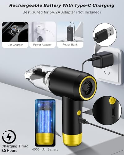 PINREK 6-in-1 Mini Car Vacuum Cleaner, Cordless Vacuum Cleaner Portable Air Duster Blower with Brushless Motor, 12000PA High Power Electric HandHeld Vacuum Cleaner for Car, Home, Sofa, Carpet, Bed