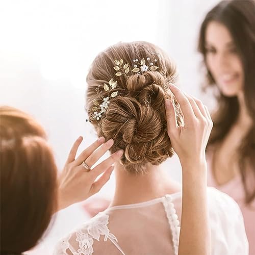 YHOME 4 Pcs Bridal Hair Pins - U Shaped Wedding Clips, Golden Pearl Hair Piece, Floral Accessories for Women Girls Hairstyles Jewelry