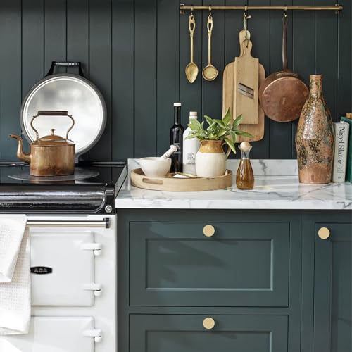 QOGRISUN 10-Pack Solid Brass Cabinet Knobs, 1-5/16-Inch Diameter, Round Gold Dresser Drawer Pulls Handles, Modern Kitchen Hardware, Brushed Brass Finish