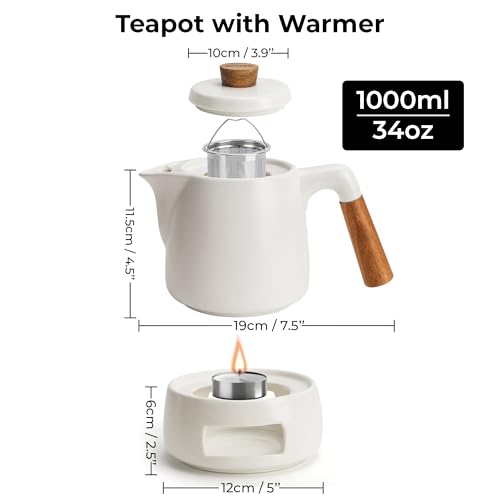 MIAMIO - Teapot Set with Warmer / 1L / 1000 ml Tea Kettle with Infuser for Steeping Loose Tea Leaves - Gift for Women/Tea Lovers (White)