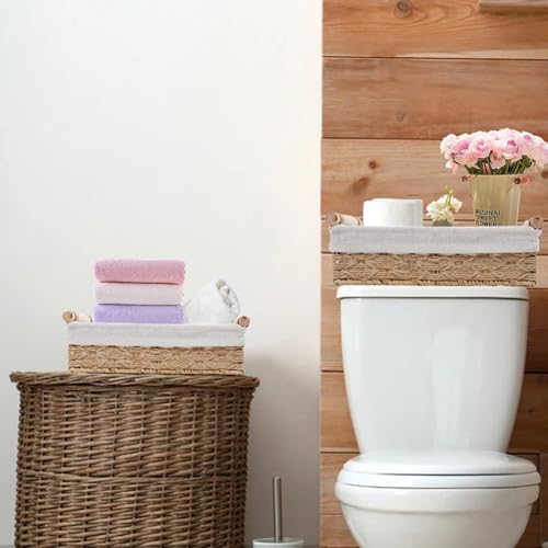 BOBBYQ Round Paper Rope Storage Basket Wicker Baskets for Organizing with Handle Decorative Storage Bins for Countertop Toilet Paper Basket for Toilet Tank Top Small Baskets Set (Set of 2,Beige)