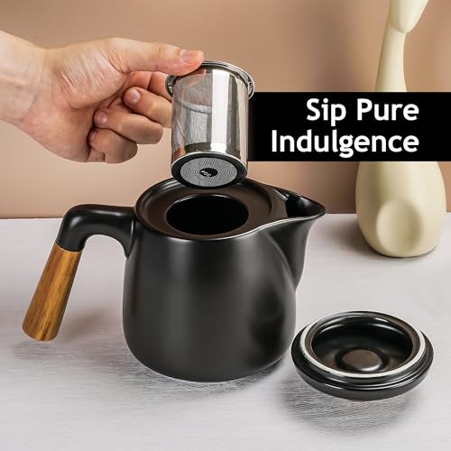 MIAMIO â€“ 1000 ml Ceramic Tea Pot Set with Infuser/Tea Strainer, 4 Ceramic Tea Mugs (300 ml), Bamboo Saucers/Handle and Rack for Home and Office (Black)