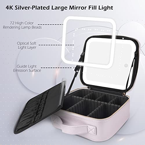 Travel Makeup Bag Cosmetic Bag Makeup Organizer Bag with Lighted Mirror, Adjustable Brightness in 3 Color Scenarios, Waterproof Makeup Train Case, Gift for Women