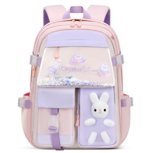 Excefore Bunny Backpack for Girls, Cute Kids Bookbag for Elementary School Teens, Kawaii Preschool Outdoor Daypack, Kids Backpack with Rabbit Dolls, Pink