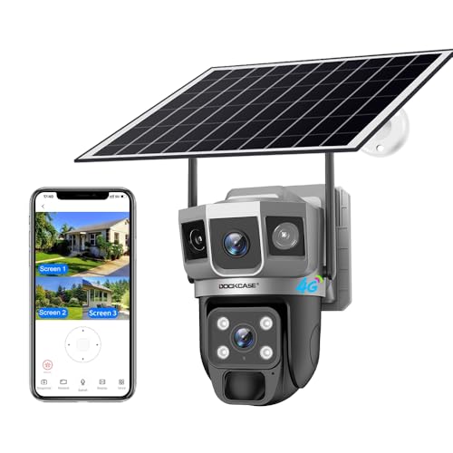 DOCKCASE 4G Sim Card Solar Camera PTZ 360°View Solar Powered Outdoor Security Camera, Night Vision, AI Human Detection, Two Way Audio, IP66 Works with Apps - 3MP