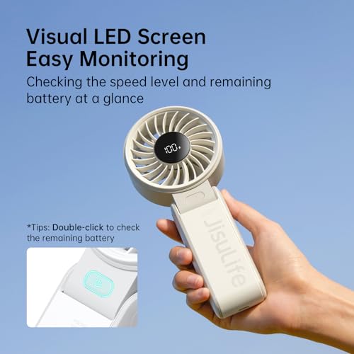 JISULIFE Handheld Fan Life7,2024 Powerful Portable Fan with LED Display,3600mAh,150°Folded,5 Speeds,Lanyard[13Hrs Max Cooling]3-IN-1 Hand/Desk/Neck Fan,Summer Essentials for Travel,Concert,Lash(Grey)