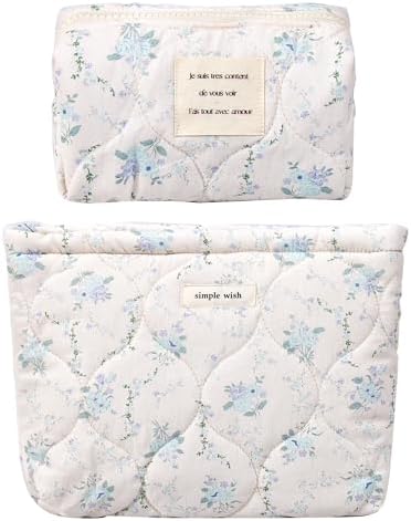 Sminra Floral Makeup Bag Large Cotton Quilted Cosmetic Makeup Bag Organizer, Aesthetic Portable Pouch Purse Toiletry Bag for Women Girls Travel accessories(Blue Floral-L)