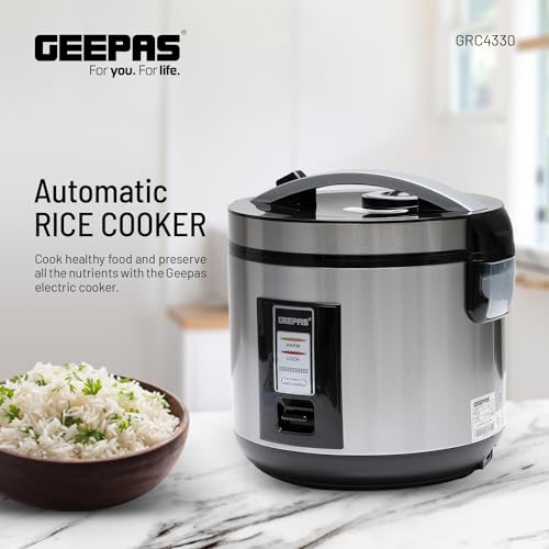 Geepas 1.8L Stainless Steel Rice Cooker- GRC4330| 700W, Non-Stick Inner Pot | Cook/Steam/Keep Warm Functions, Make Rice and Steam Healthy Vegetables | 2-Year Warranty
