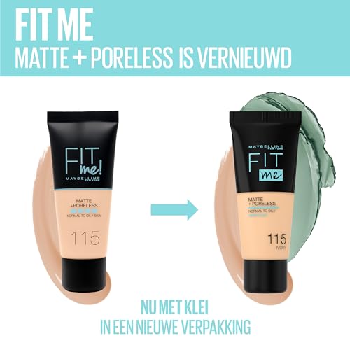 Maybelline New York Liquid Foundation, Matte & Poreless, Full Coverage and Blendable, Normal to Oily Skin, Fit Me, 115 Ivory
