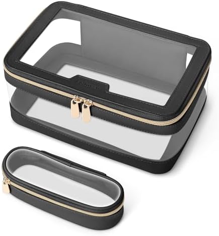 Soimeat Travel Clear Makeup Bag with Makeup Brush Bag, Leather Makeup Case Toiletry Bag, Portable Cosmetic Bag Case, Transparent Waterproof Cosmetic Organizer Storage Bag for Women, Black