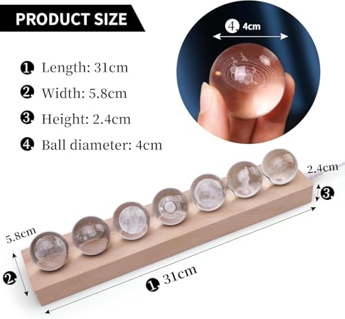 Azonee Planet Crystal Ball Night Light, 3D Crystal Ball Night Light with Led Wooden Base, Crystal Ball Night Light for Meditation Positive Energy, Decorative Ball Set as Family Birthday Gift (7 Pack)
