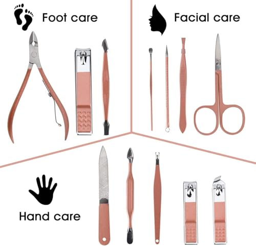 Tazweeq Nail Clippers and Beauty Tool Portable Set, Rose Gold Martensitic Stainless Steel Manicure Set 12 in 1, with Pink Leather Bag, Suitable for Home, Workplace, Outdoor Travel, Gift Giving, Salon