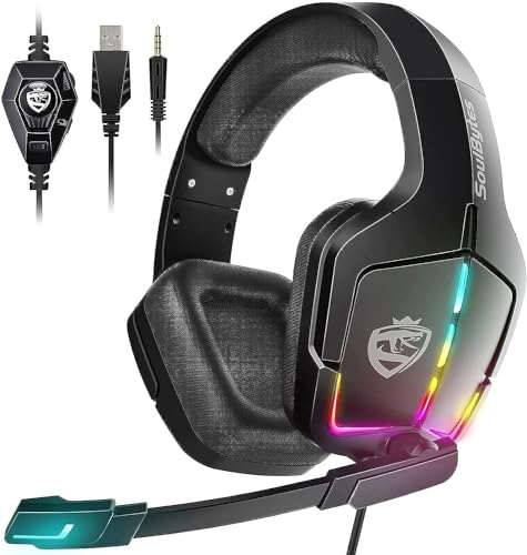 Soulbytes Gaming Headset PS5 Headset PS4 Switch PC xboxone Headset with Microphone Dynamic RGB LED Effect Gamer Headsets for Computer Laptop 3.5mm Wired Stereo Bass Over Ear Mic Gaming Headphones