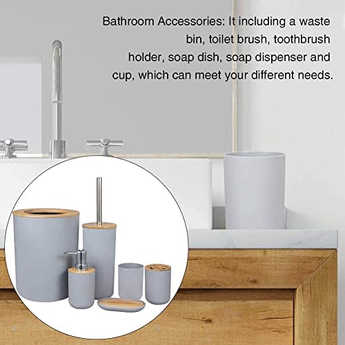 Bamboo Wooden Bathroom Accessories Set, 6 Pcs Set Toilet Brush, Soap Dispenser, Waste Bin, Toothbrush Holder, Soap Dish Cup Set Can Be Used Repeatedly