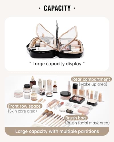 EACHY Travel Makeup Bag,Large Capacity Cosmetic Bags for Women,Waterproof Portable Pouch Open Flat Toiletry Bag Make up Organizer with Divider and Handle