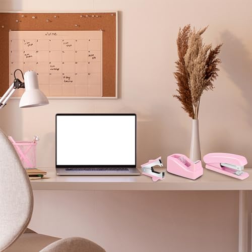 auroray 13 in 1 Pink Office Supplies, Pink Desk Accessories for Women with Stapler,Tape Dispenser,1000 Staples,Pen Holder,Staple Remover,Clips,Ruler,Scissors, Tabs,Tape,Ballpoint Pen