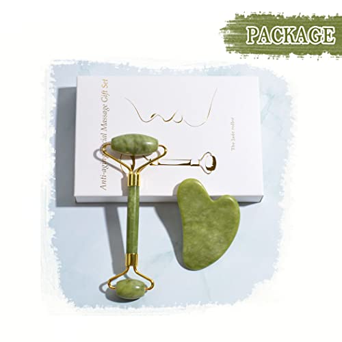 REVHQ Jade Roller for Face and Gua Sha Set Face Roller Natural Jade Stone for Anti Aging,Eye Puffiness Wrinkles,Skincare Massage Tools for Face Eyes