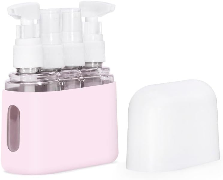 Travel Bottles Set, 4-in-1 Leak-Proof Refillable 50 ml Portable Containers With Label for Toiletries, Shampoo, Conditioner, Cosmetics, Shower Gel (Pink) - Pink
